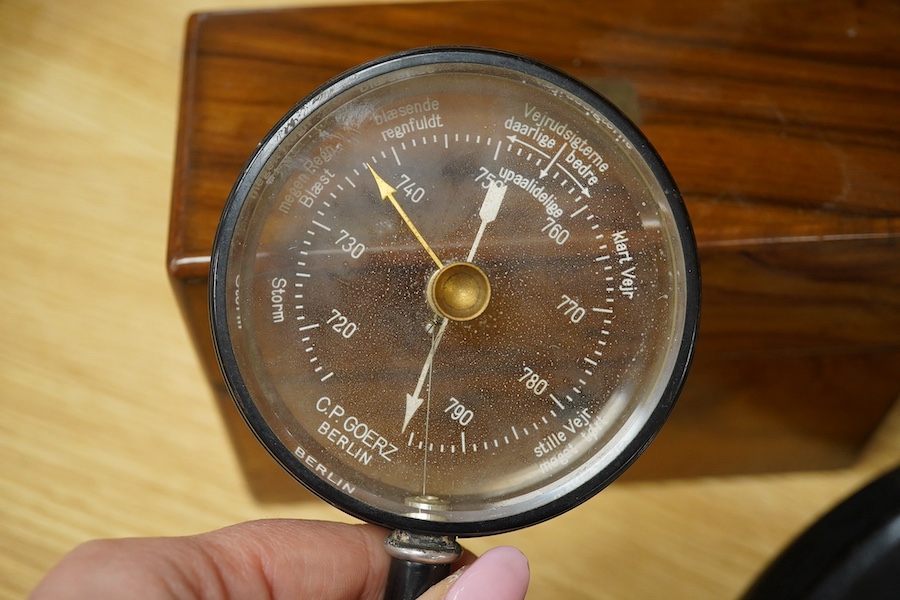 A yew wood domed box, an olivewood scent bottle box, a horn oval box and black circular mirror and two instruments, mirror 30cm diameter. Condition - fair to good